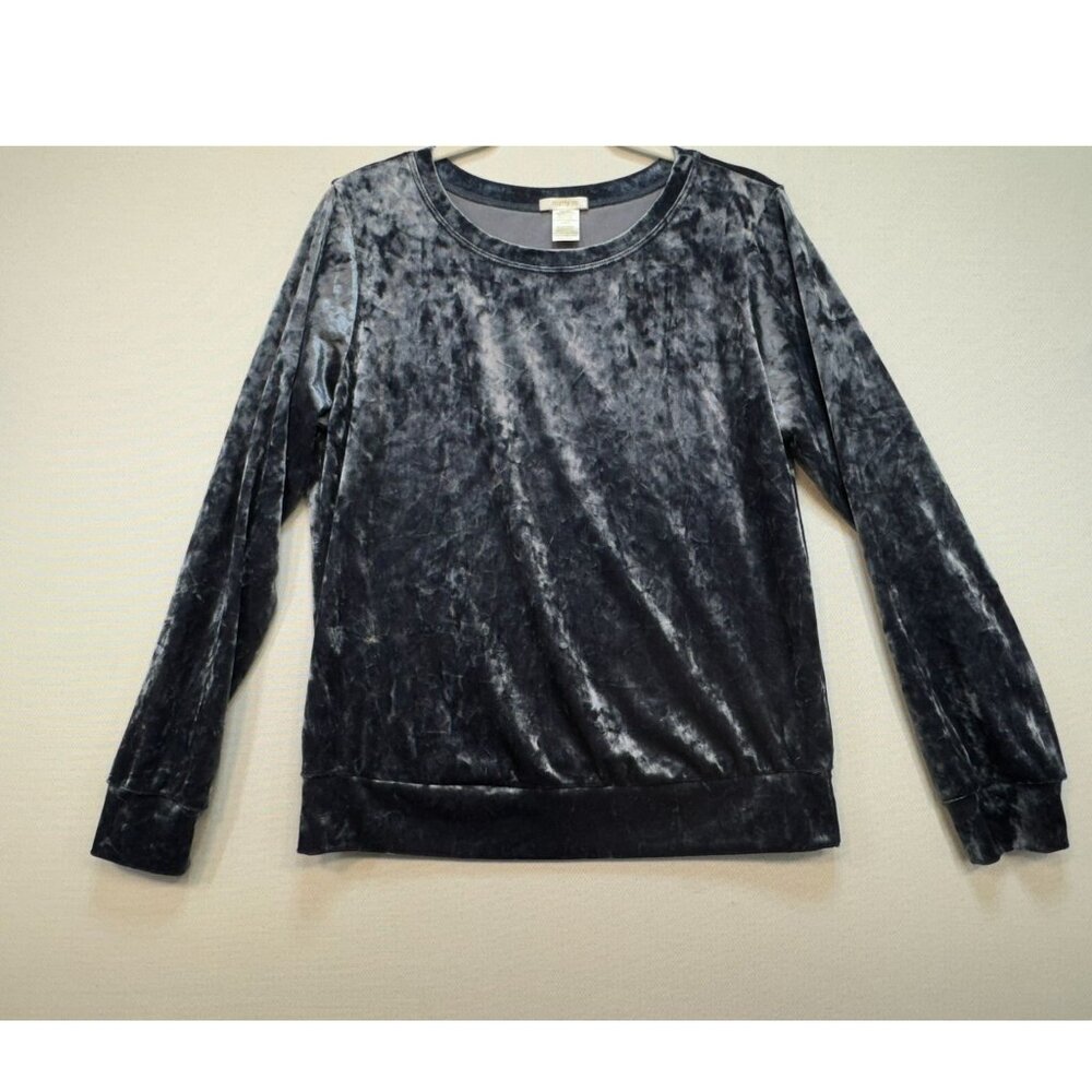 Matty M Crushed Velour Shirt Blouse Long Sleeve Stretch Blue Women's Size M